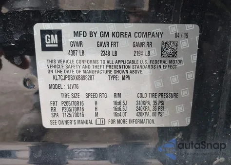 2019 Chevrolet Trax Lt из США, поврежденный, VIN KL7CJPSBXKB898287